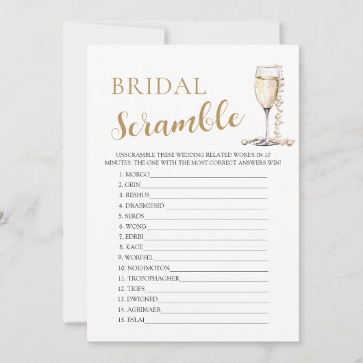 Gold Pearls und Prosecco Bridal Word Scramble Game Einladung (Vorderseite)