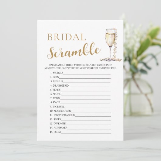 Gold Pearls und Prosecco Bridal Word Scramble Game Einladung (Stehend Vorderseite)