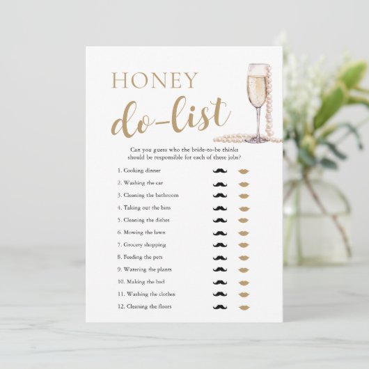 Gold Pearls und Prosecco Honey Do List Bridal Game Einladung (Stehend Vorderseite)