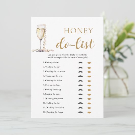 Gold Pearls und Prosecco Honey Do List Bridal Game Einladung (Stehend Vorderseite)