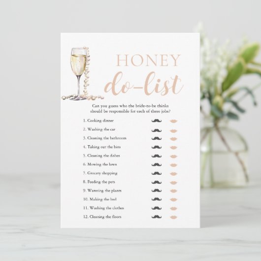 Gold Pearls und Prosecco Honey Do List Bridal Game Einladung (Stehend Vorderseite)