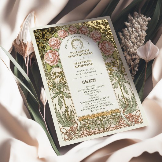 Gold Peonies Vintage Wedding Program Folieneinladung
