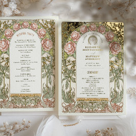 Gold Peonies Vintage Wedding Program Folieneinladung