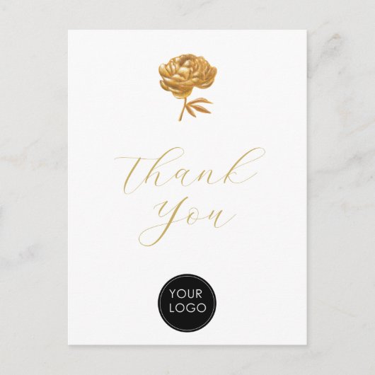 Gold Peony Business Logo-Skript Vielen Dank White Postkarte (Vorderseite)
