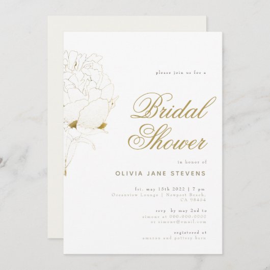 Gold Peony Elegant Script Floral BW Brautparty Einladung (Vorne/Hinten)