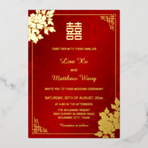 Gold Peony Red Shimmering   Chinesische Hochzeit Folieneinladung
