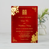Gold Peony Red Shimmering | Chinesische Hochzeit Folieneinladung (Stehend vorne)