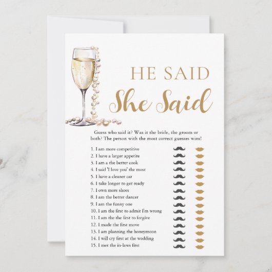 Gold Perlen und Prosecco sagte er, sie sagte Spiel Einladung (Vorderseite)