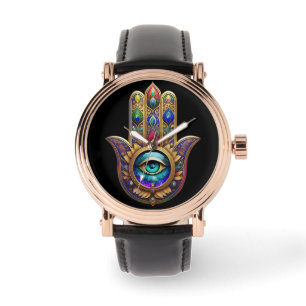 Gold Pfau Farben Hamsa Grüner Saphir Drittes Auge Armbanduhr