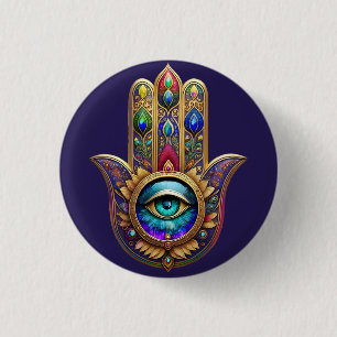Gold Pfau Farben Hamsa Grüner Saphir Drittes Auge Button