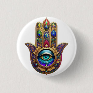 Gold Pfau Farben Hamsa Grüner Saphir Drittes Auge Button