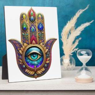Gold Pfau Farben Hamsa Grüner Saphir Drittes Auge Fotoplatte