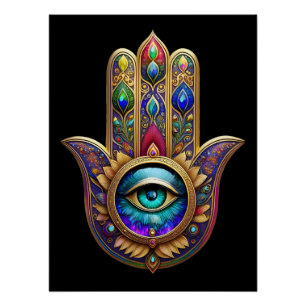 Gold Pfau Farben Hamsa Grüner Saphir Drittes Auge Poster