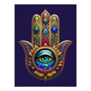 Gold Pfau Farben Hamsa Grüner Saphir Drittes Auge Poster