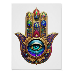 Gold Pfau Farben Hamsa Grüner Saphir Drittes Auge Poster