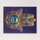 Gold Pfau Farben Hamsa Grüner Saphir Drittes Auge Puzzle (Horizontal)