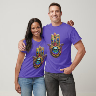 Gold Pfau Farben Hamsa Grüner Saphir Drittes Auge T-Shirt