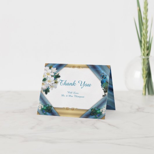 Gold, PfauenFedern auf Smaragdgrüner Seide Dankeskarte (Vorderseite)