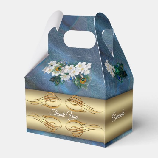 Gold, PfauenFedern auf Smaragdgrüner Seide Geschenkschachtel (Rückseite)