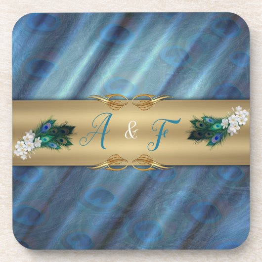 Gold, PfauenFedern auf Smaragdgrüner Seide Getränkeuntersetzer (Vorderseite)