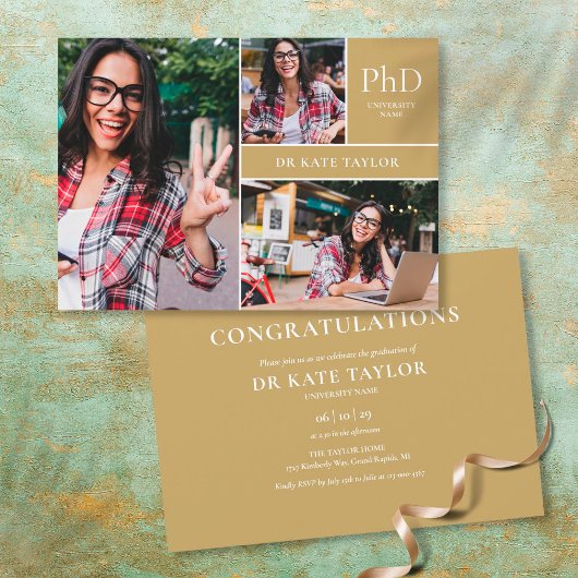 Gold PhD Grad 3 Foto Graduation Party Einladung