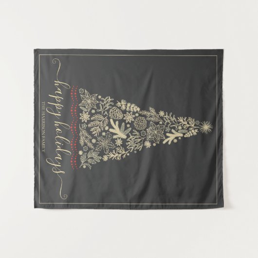 Gold Pine Cone Bough Happy Holidays Weihnachtsbaum Wandteppich (Vorderseite (Horizontal))