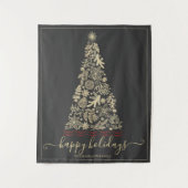 Gold Pine Cone Bough Happy Holidays Weihnachtsbaum Wandteppich (Vorderseite)