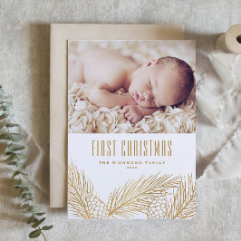 Gold Pine Needles Baby First Christmas Foto Feiertagskarte