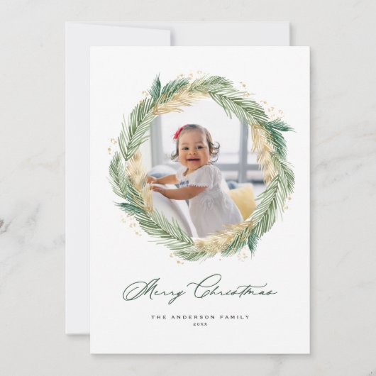 Gold Pine Needles Wreath Frohe Weihnachts-Foto (Vorderseite)