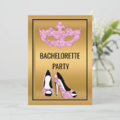 GOLD PINK BLACK BACHELORETTE MASQUERADE PARTY EINLADUNG (Stehend Vorderseite)