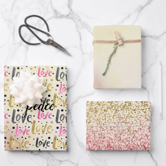 Gold Pink Black Confetti Liebe Peace Glitzer Geschenkpapier Set (Vorderseite)
