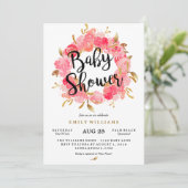 Gold Pink Blossom Wreath Baby Dusche Einladung (Stehend Vorderseite)