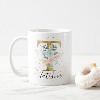 Gold Pink Blue Pastor Floral Watercolor Monogram T Kaffeetasse