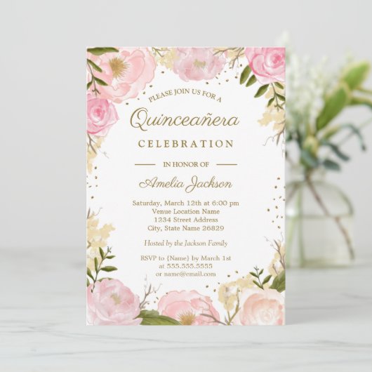 Gold Pink Blues Floral Aquarellfarbe Quinceanera Einladung (Stehend Vorderseite)