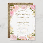 Gold Pink Blues Floral Aquarellfarbe Quinceanera Einladung (Vorne/Hinten)