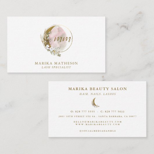 Gold Pink Blush Monogram Watercolor Celestie Visitenkarte (Vorne/Hinten)