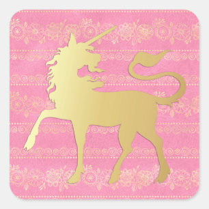Gold & Pink Boho-Muster & Einhorn Quadratischer Aufkleber