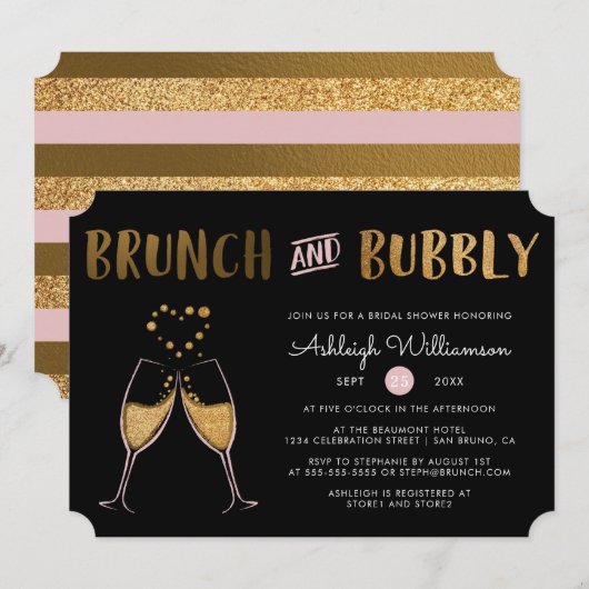 Gold & Pink Brunch & Bubbly Wedding Brautparty Einladung (Vorne/Hinten)