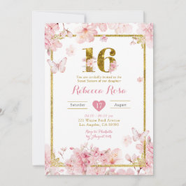 Gold Pink Cherry Blossom Floral Girl Sweet 16 Einladung