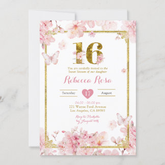 Gold Pink Cherry Blossom Floral Girl Sweet 16 Einladung