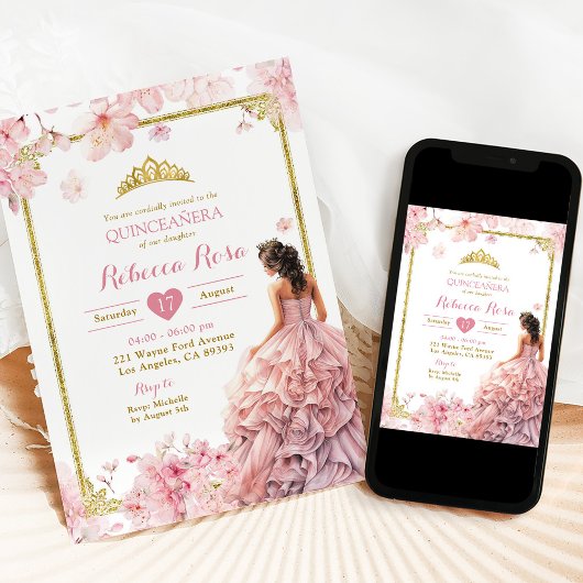 Gold Pink Cherry Blossom Princess Quinceañera Einladung