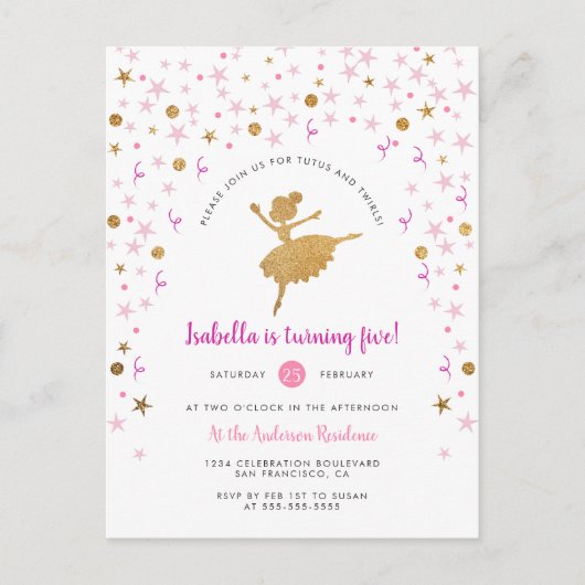 Gold & Pink Confetti Ballerina Einladung zum Gebur (Vorderseite)
