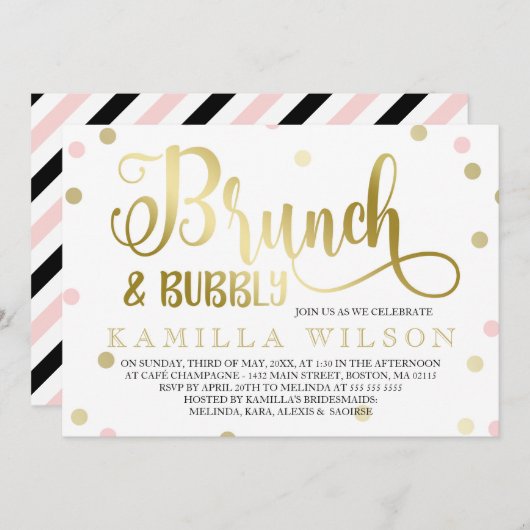 Gold & Pink Confetti Brunch & Bubbly Brautparty Einladung (Vorne/Hinten)