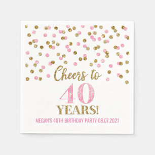 Gold Pink Confetti Cheers to 40 Years Birthday Serviette