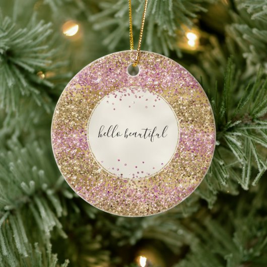 Gold Pink Confetti Glitzer Personalisiert Keramik Ornament (Baum)