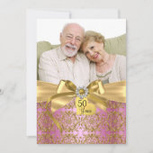 Gold Pink Damask & Bow Foto 50 Jahre Einladung (Vorderseite)