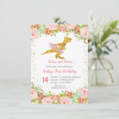 Gold Pink Dinosaurier Erster Geburtstag Einladung (Stehend Vorderseite)