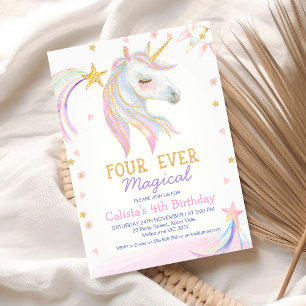 Gold Pink Einhorn Vier mal Magische 4. Geburtstag Einladung
