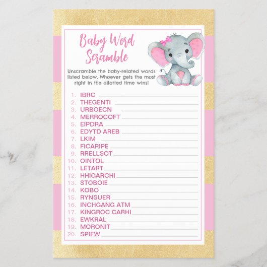 Gold Pink Elephant Baby Word Scramble Spiel Flyer (Vorne)