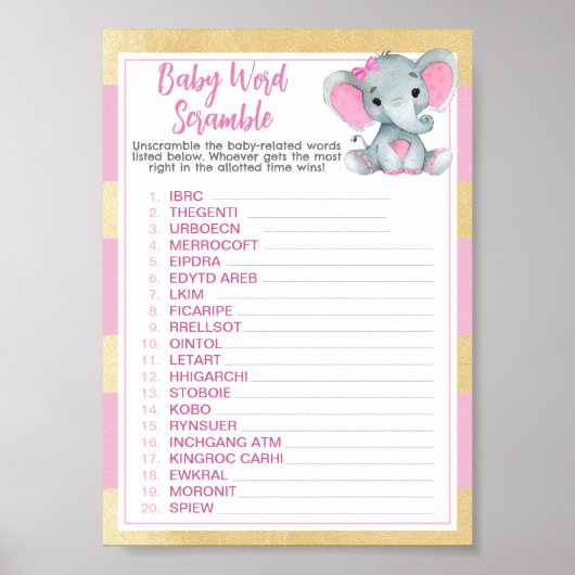 Gold Pink Elephant Baby Word Scramble Spiel Poster (Vorne)